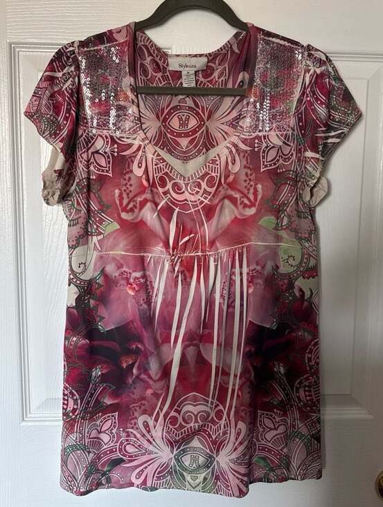 Style & Co. Tops - Style & Co. Women's Pink Floral Mandala Sequin V-Neck Empire Waist Tunic Top siz